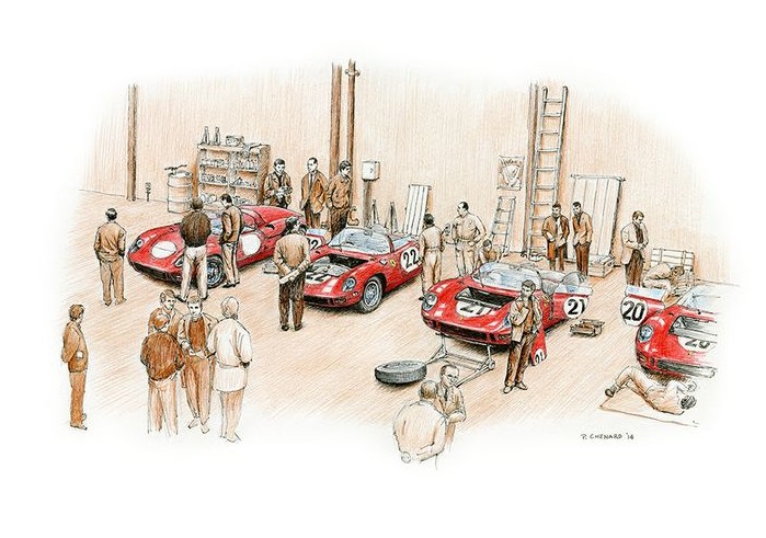 The Scuderia Ferrari Team 275Ps are being prepared prior to the 1964 24 heures du Mans.